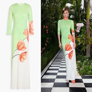 Alice‎ + Olivia Delora Open Back Green Tulip Print 3/4 Sleeve Crew Maxi Dress 6